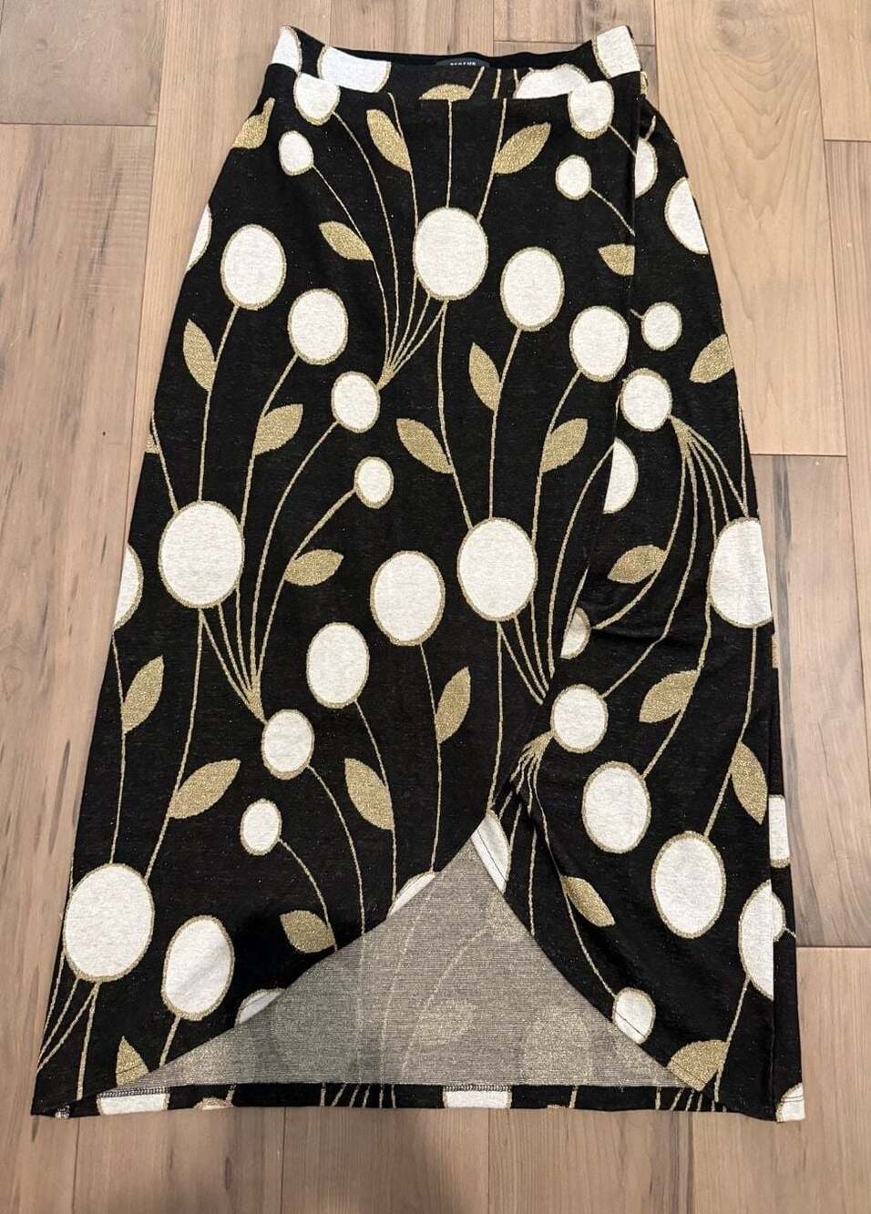 Maeve by Anthropologie Craspedia Floral Gold and Black Faux Wrap Midi Skirt